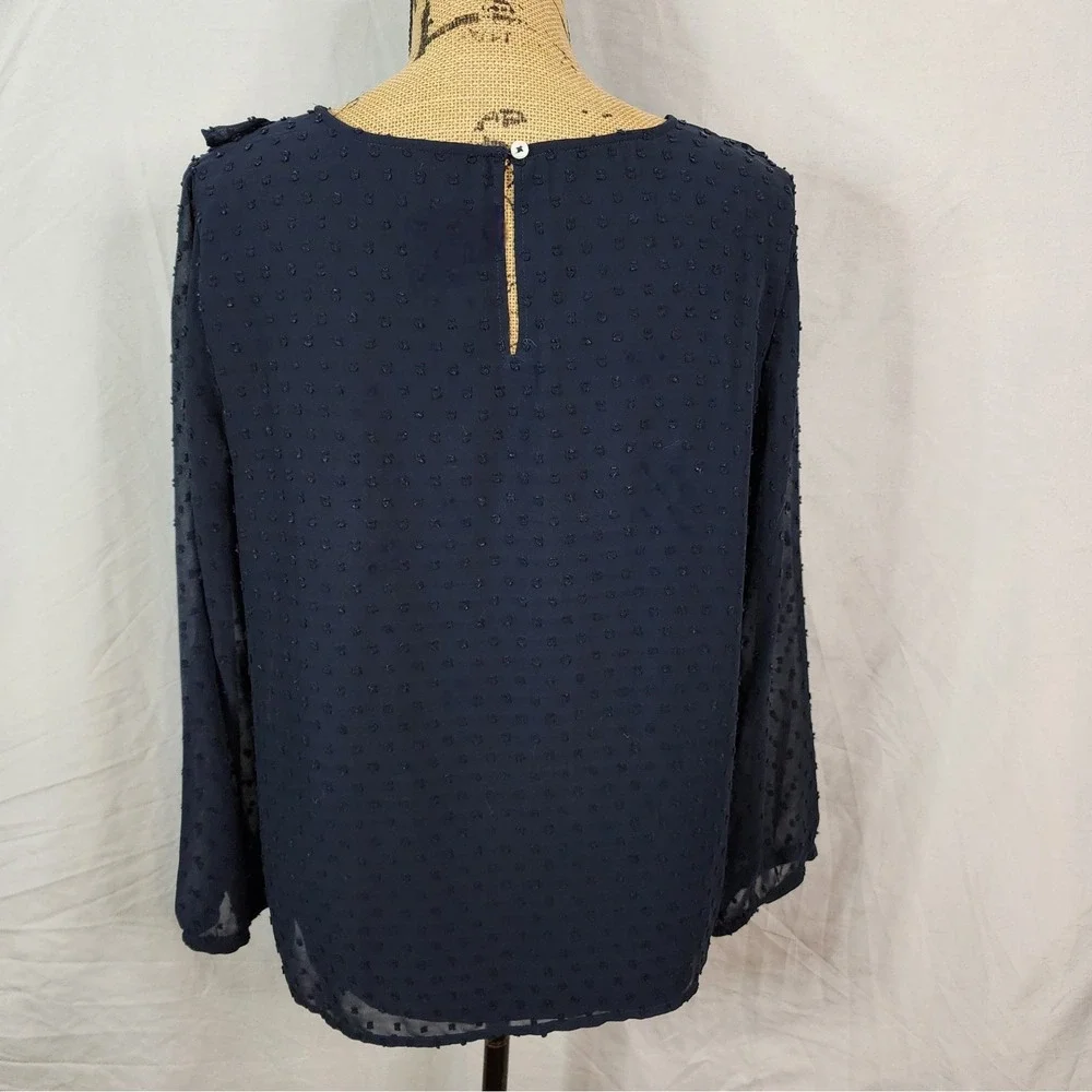 J.CREW Size 12 Navy Blue French Dot Pleated Ruffle Sheer Sleeve Keyhole Blouse‎